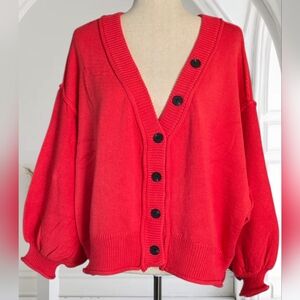 Red V-Neck Button Front Women’s Cardigan Sweater NWOT